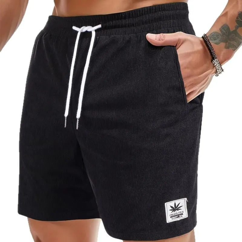 Men's straight cut summer shorts with a drawstring waist in black, blue, gray, or khaki.