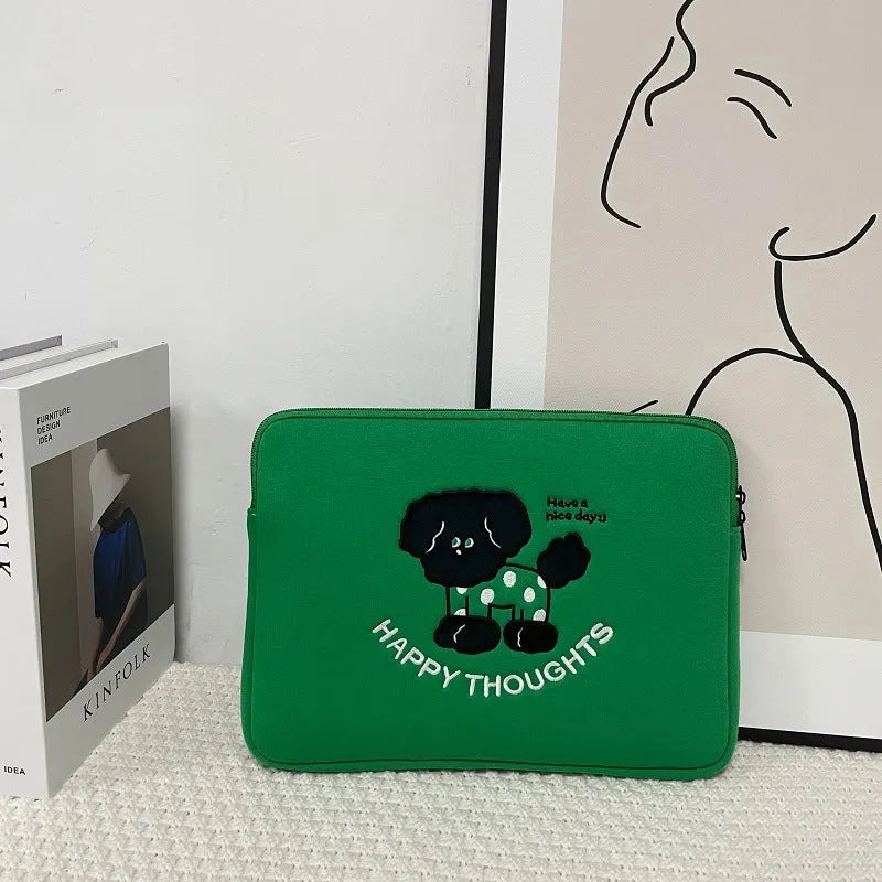 Cute laptop inner bag with animal pattern, green cat design, polyester material, anti-fall shockproof, fits 13.3-15.6 inch notebooks