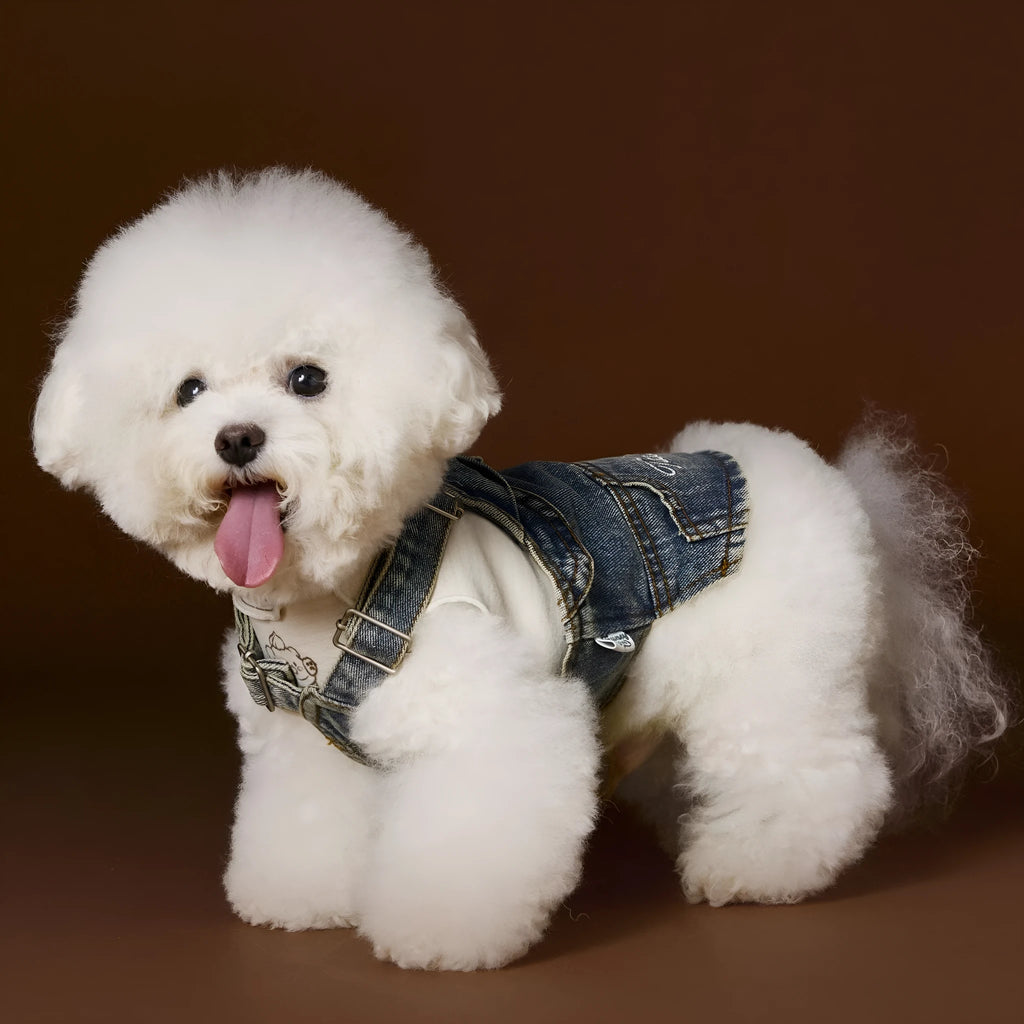 Dog wearing denim suspender skirt sleeveless cotton pet clothing for small and medium breeds