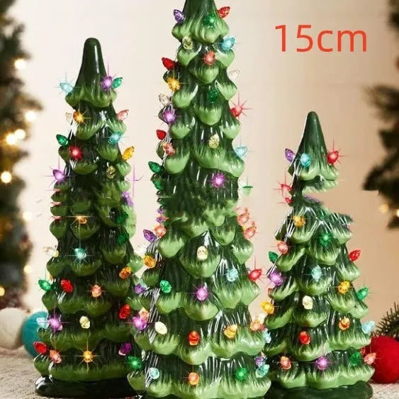 European-style resin Christmas tree decoration in various sizes with coloured or warm lighting options.