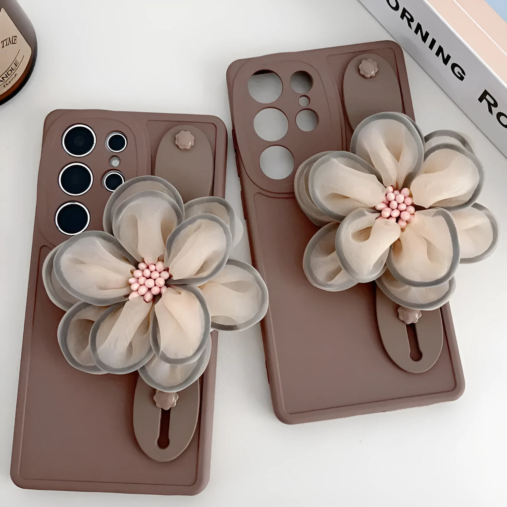 Silicone wrist strap bracket phone case for Samsung in frosted finish, brown colour