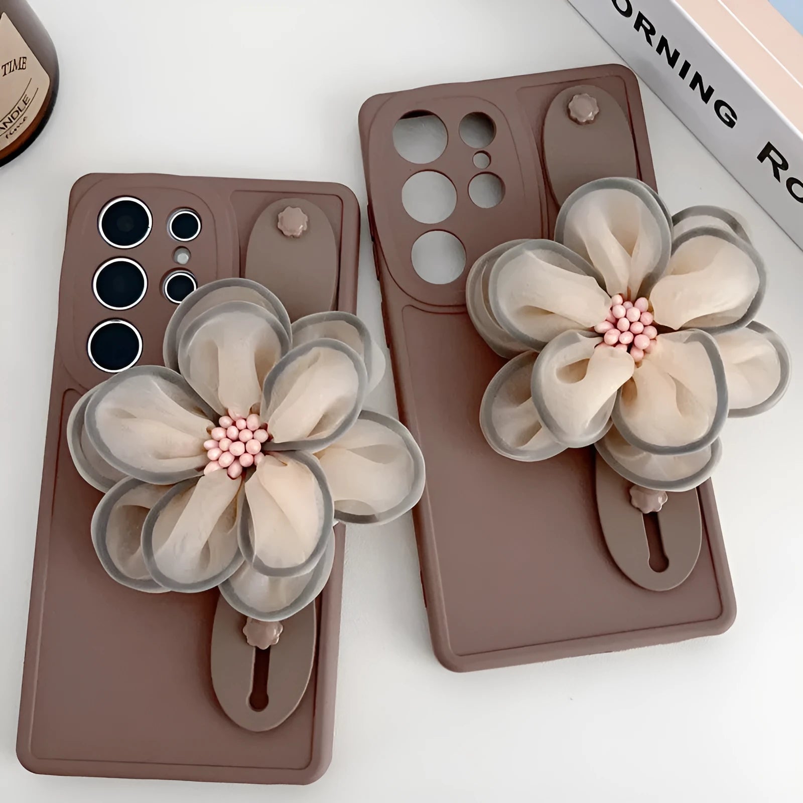 Silicone wrist strap bracket phone case for Samsung in frosted finish, brown colour