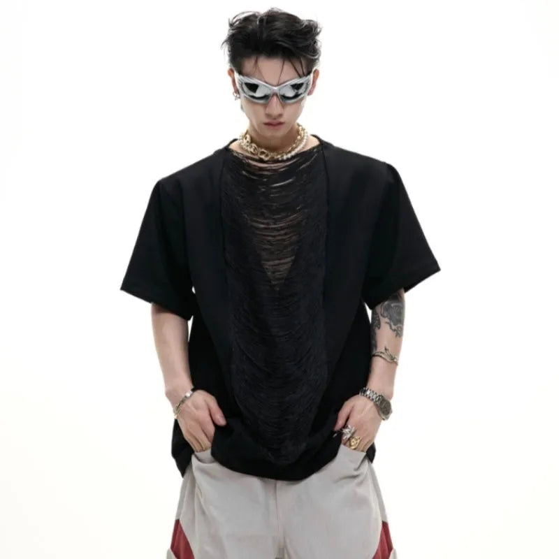 Men's black loose fit t-shirt with hollow out V-neck collar and short sleeves