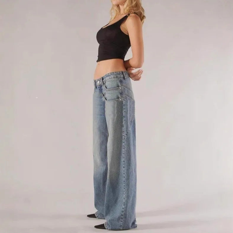 Women's blue cotton loose wide-leg mop trousers with colour-block stitching detail on a low waist