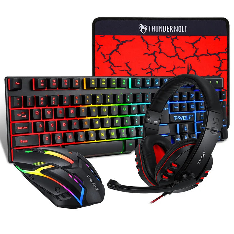 Thunder Wolf T800 wired gaming keyboard and mouse set with headset and mouse pad on desk