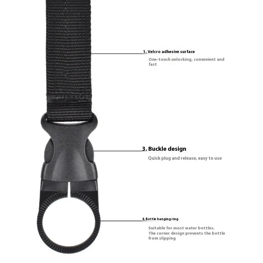 Nylon water bottle hanging buckle with webbing strap, 55g, in black, army green, khaki, or red
