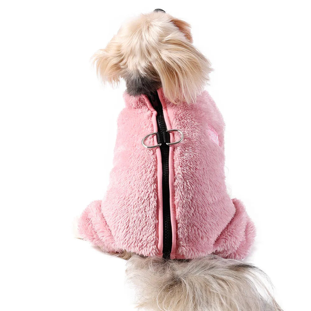 Double-sided plush polyester pet jumpsuit in apricot, a unisex garment for dogs and cats sized from XS to XL