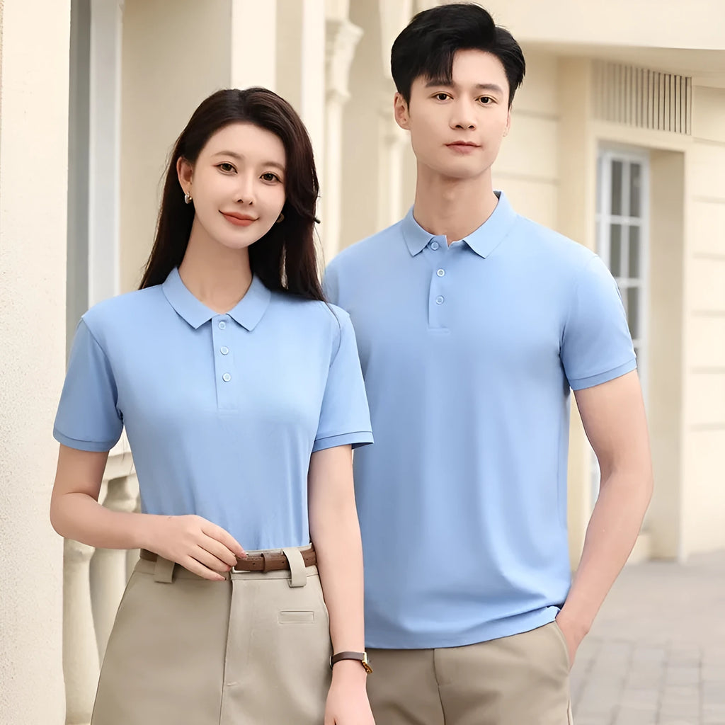 Cotton blend lapel collar polo T-shirt on a hanger, shown in Aerospace Blue colour.