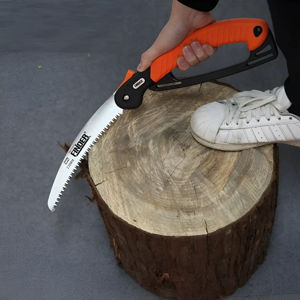 230mm folding pruning saw with TPR handle extended for cutting, showing 65MN steel blade with 32 teeth
