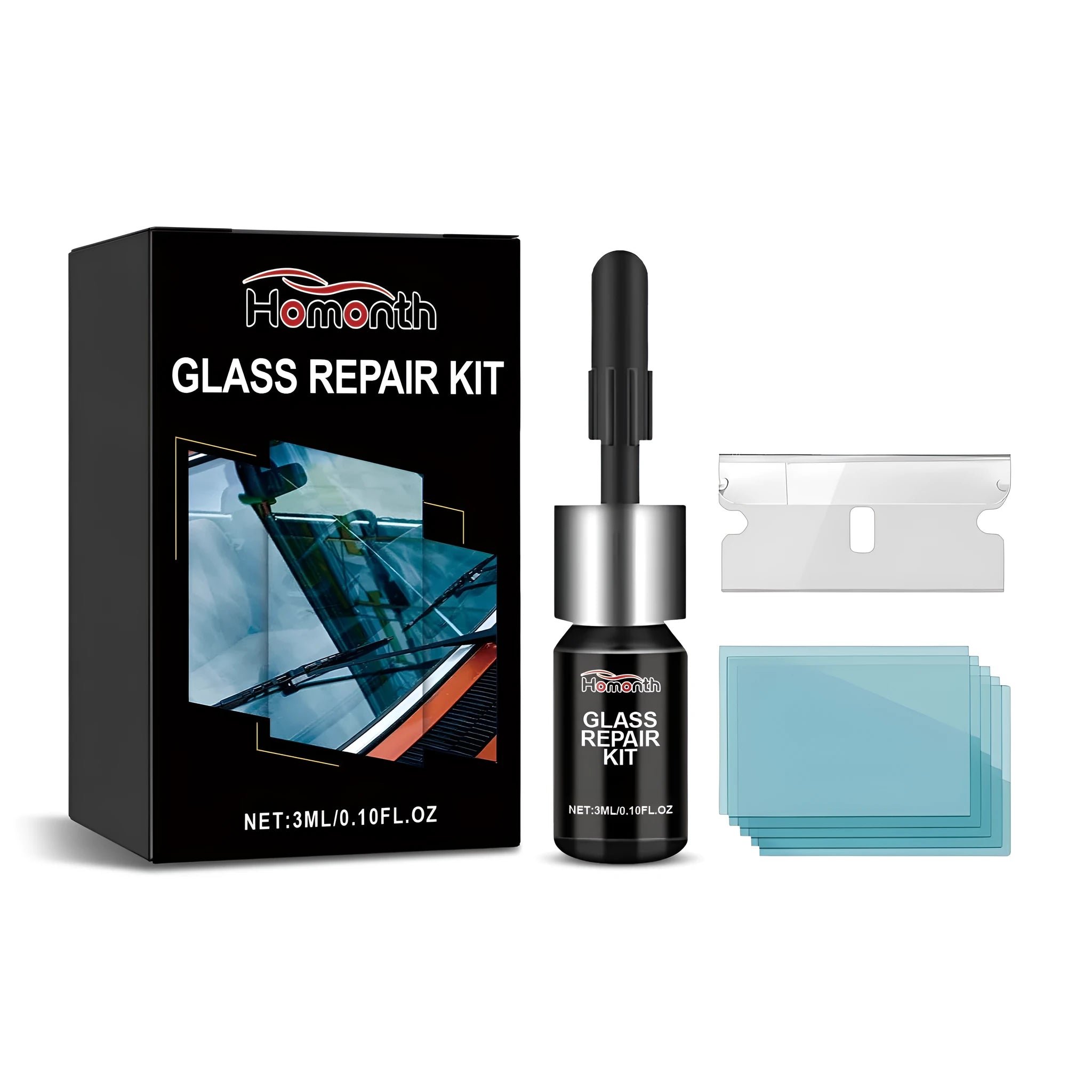 Glass repair kit with 3ml resin bottle, blade, and PET cured films for windshield crack repair