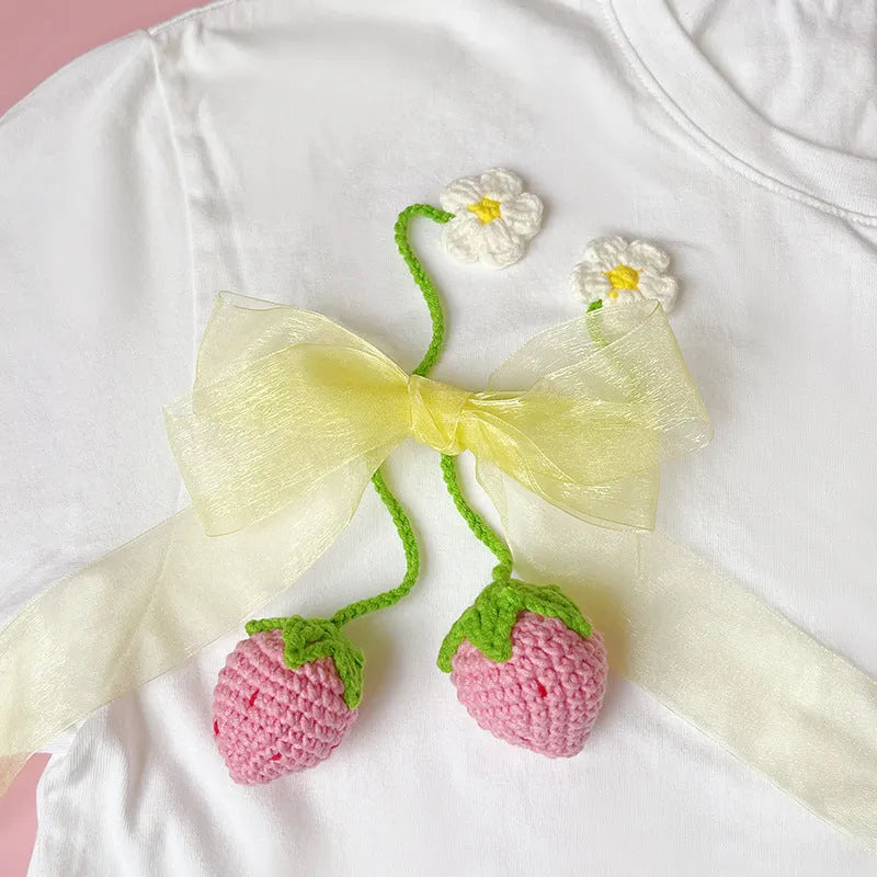 Handmade wool crochet strawberry pendant charm on 35cm cord in red or pink colour