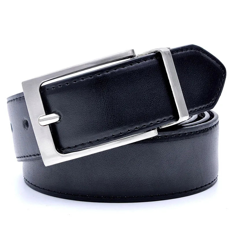 Men's brown and black genuine leather belt with rotating metal pin buckle shown at standard width