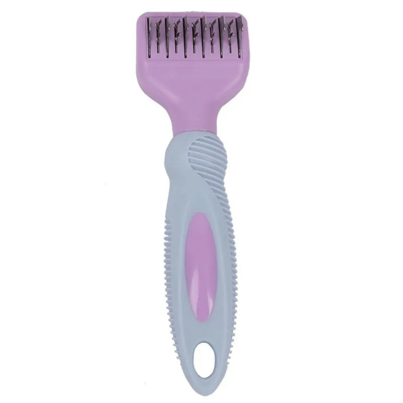 Pink dog comb with stainless steel blade and massage nodules for pet grooming.