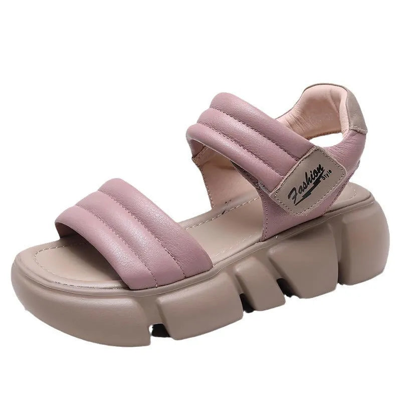 Open toe wedge sandals with non-slip rubber sole, microfiber upper, and Velcro strap in beige