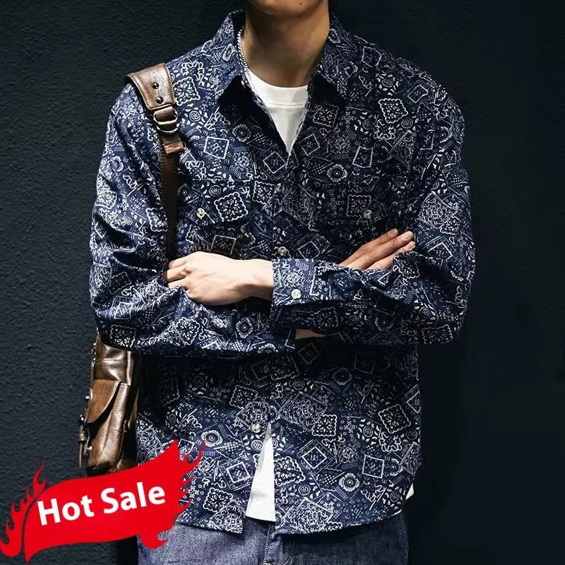 Men's long sleeve lapel casual shirt in navy blue or brown polyester with stripe or plaid pattern