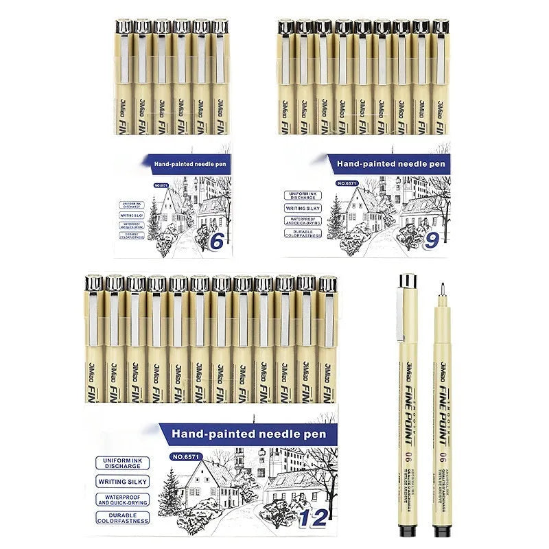 Waterproof needle pen with hand-drawn syringe cartoon design on plastic shell for sketching and writing
