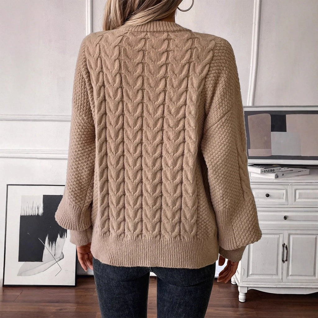 Women's loose sweater with twisted thread texture in khaki colour, round neck design