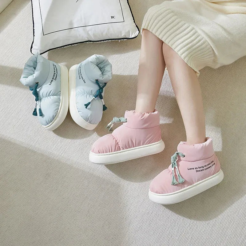 Winter drawstring cotton shoes for women in cream colour with thick plush lining and EVA sole
