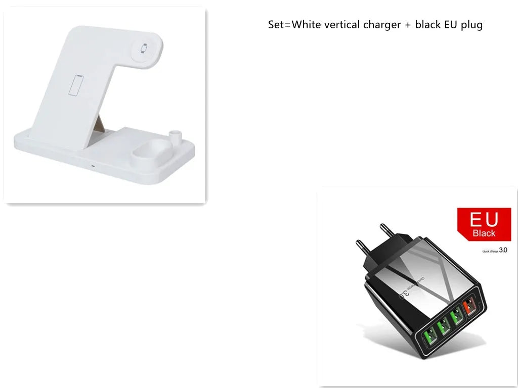 4-in-1 wireless charging station with phone, Apple Watch, and AirPods on adjustable magnetic stand