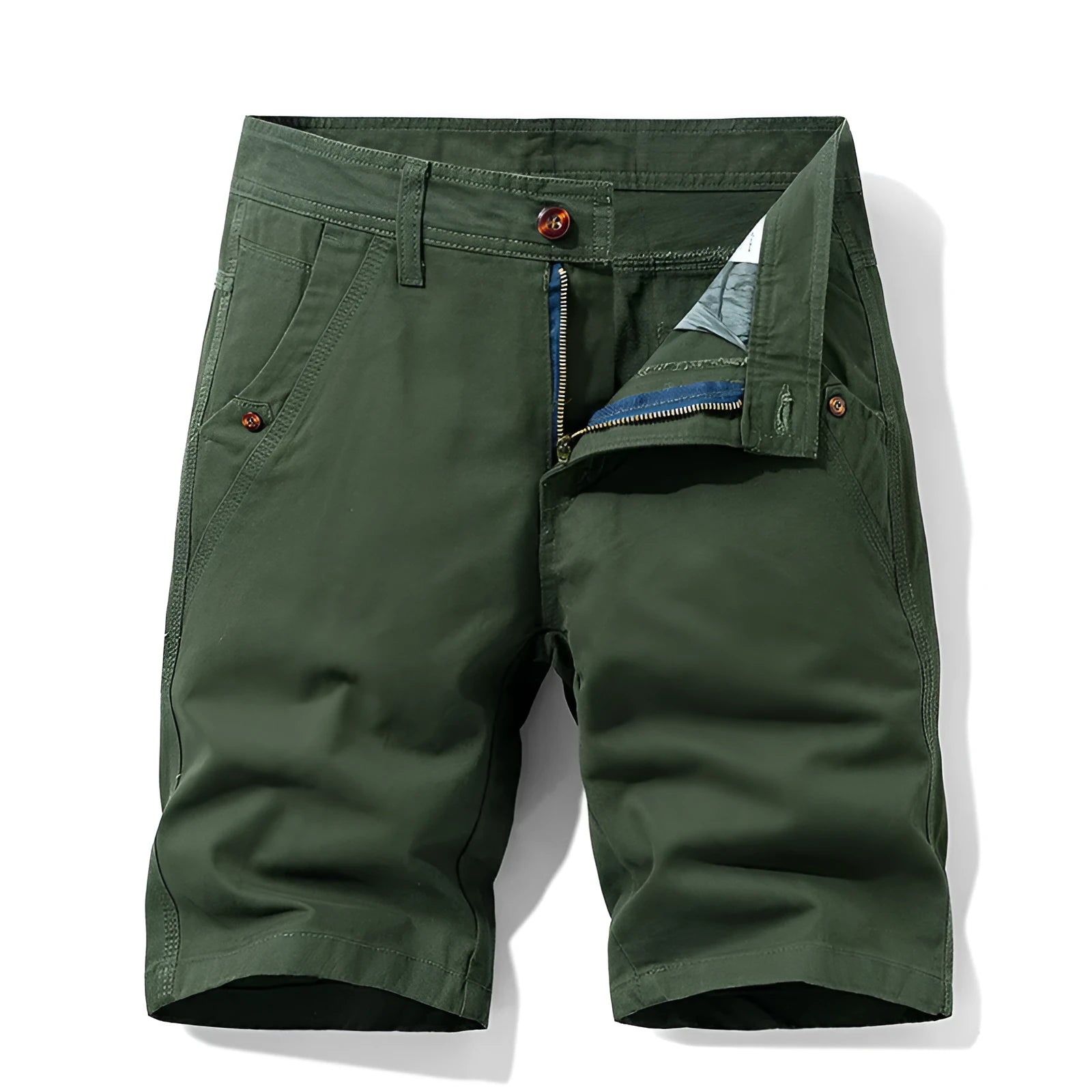 Man wearing khaki coloured pure cotton casual overalls with straight legs and a zip fly.