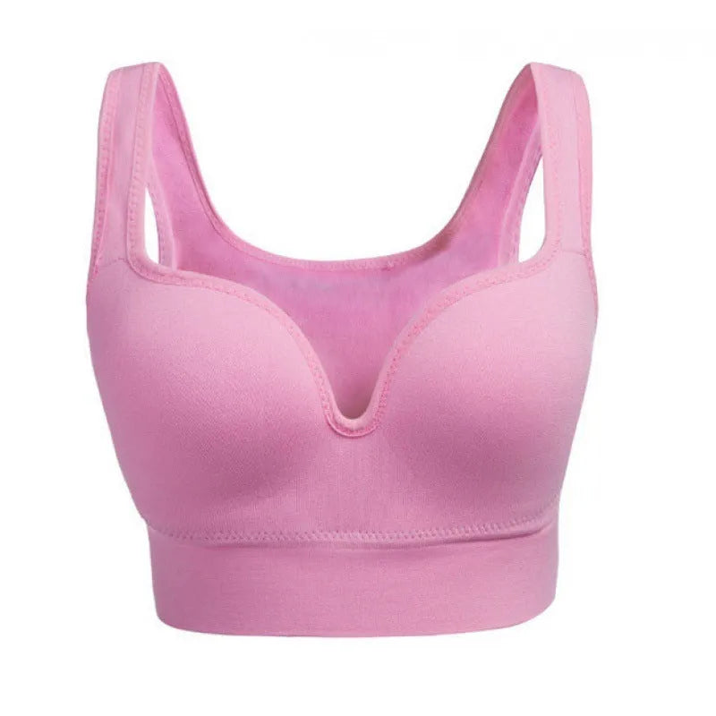 Women's reinforced shockproof sports bra with moulded cup and double straps in pink.
