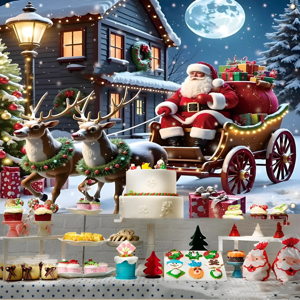 Christmas banner with Santa Claus design and night gift theme, 210 cm wide by 150 cm high