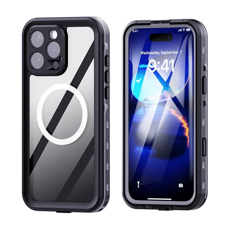 Waterproof phone case for swimming and diving compatible with iPhone 16 series in black and dark gray colour