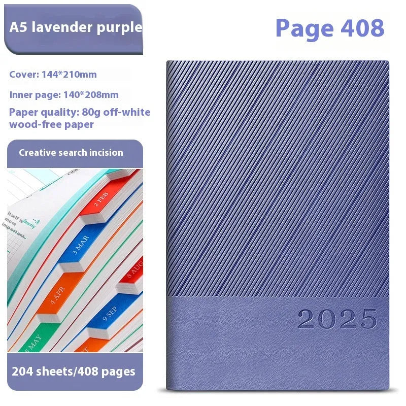 A4 notepad with striped PU leather cover open on 80g paper, showing 408 pages.