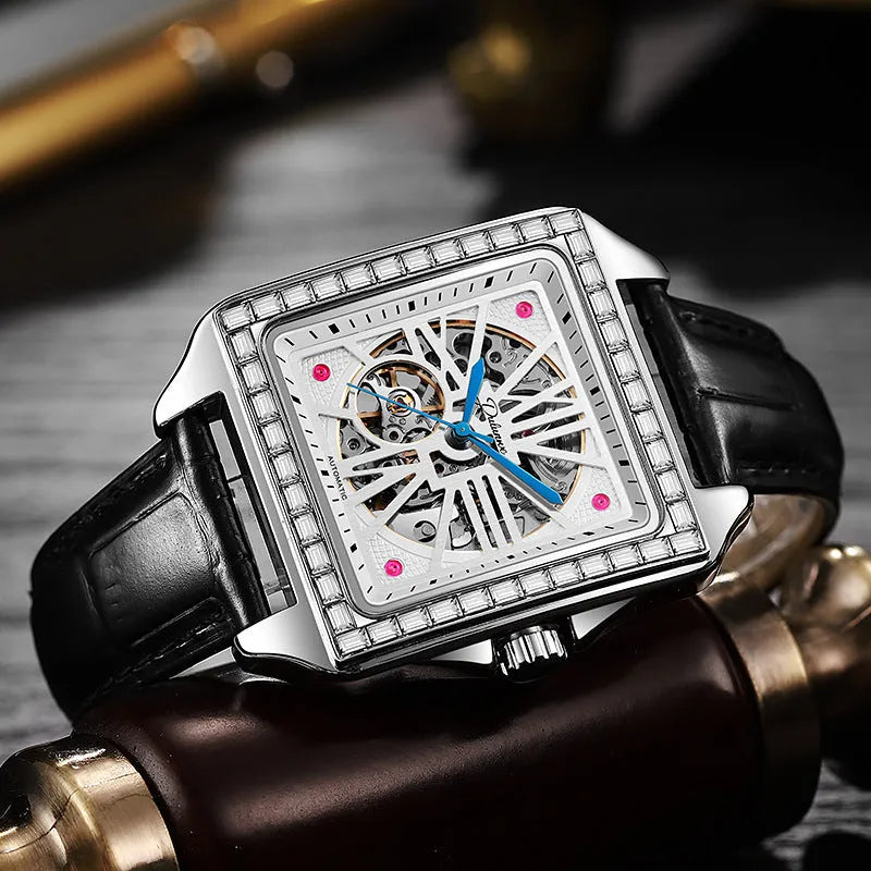 Men's square automatic watch with diamond detailing on steel belt