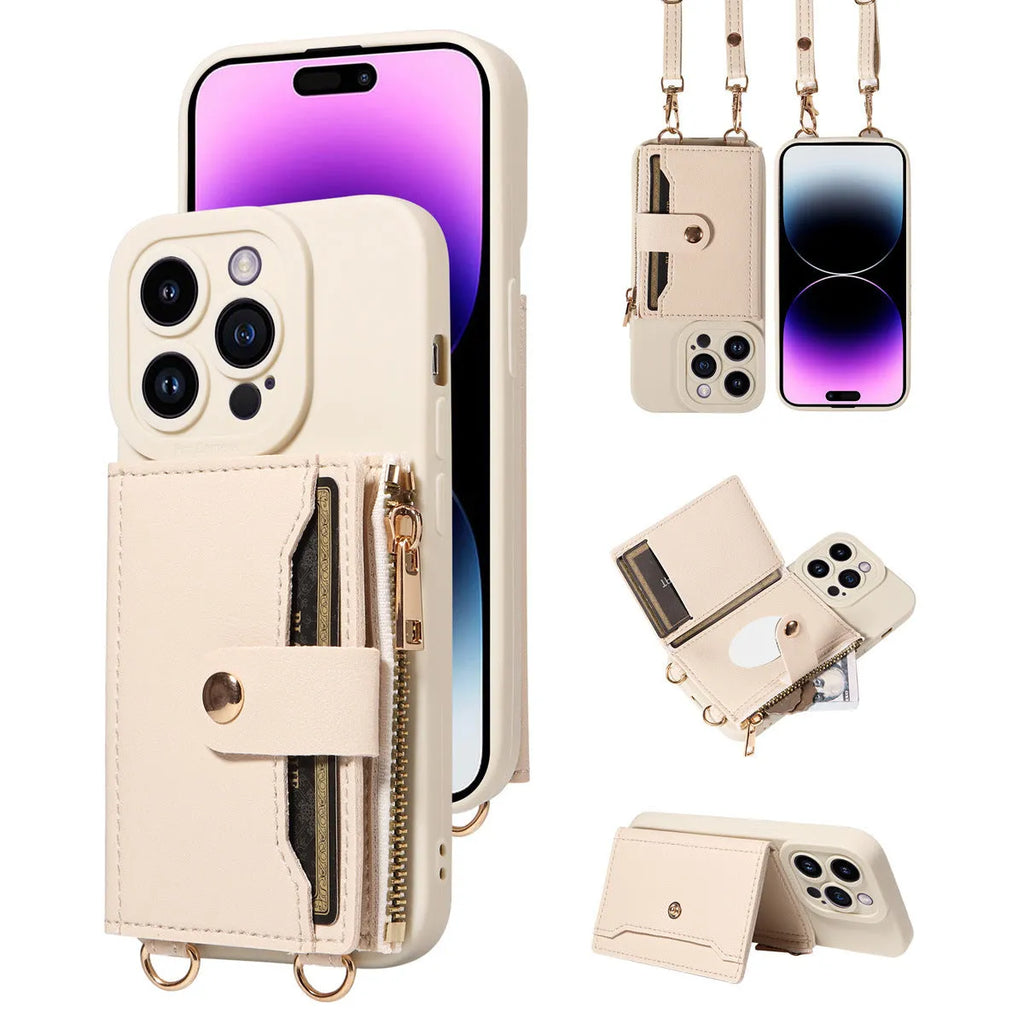 Imitation leather phone case with crossbody strap in black for iPhone 15, showing front and back