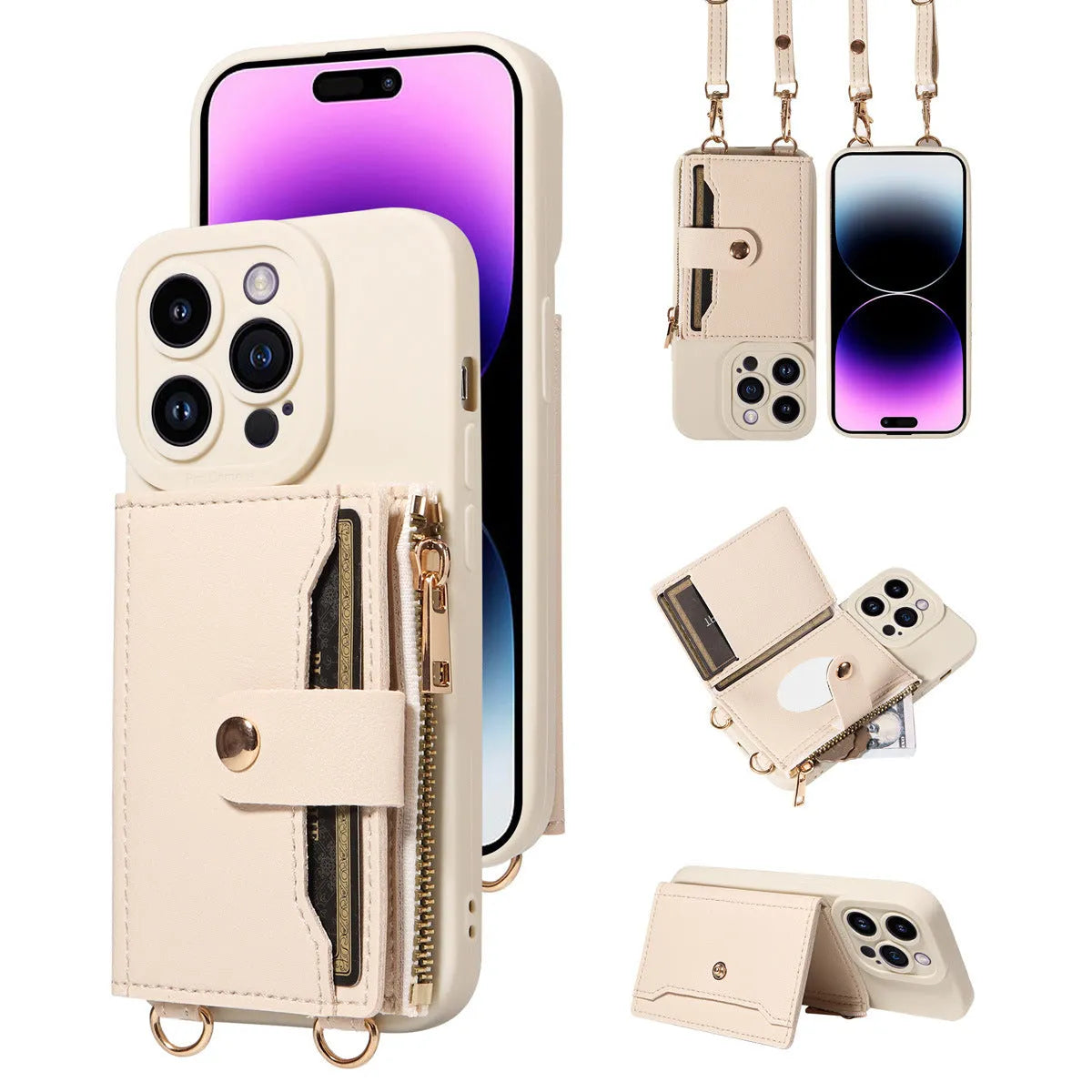 Imitation leather phone case with crossbody strap in black for iPhone 15, showing front and back