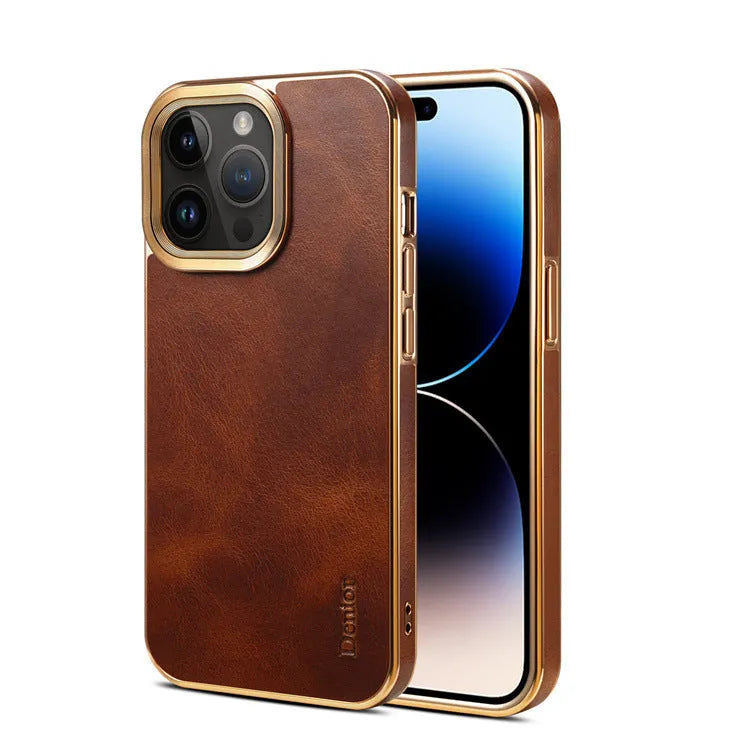 Slim handmade leather protective case for Apple iPhone on a table