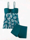Women's high-waisted swimsuit boxer shorts in black, blue, and peacock green colours.