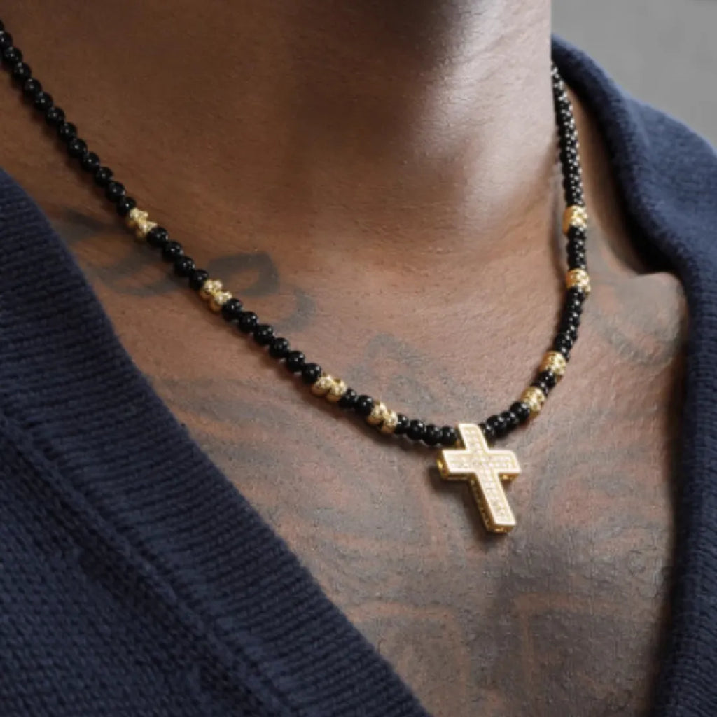 Men's hip-hop retro black agate cross necklace with 8cm extension chain in 45cm or 50cm length