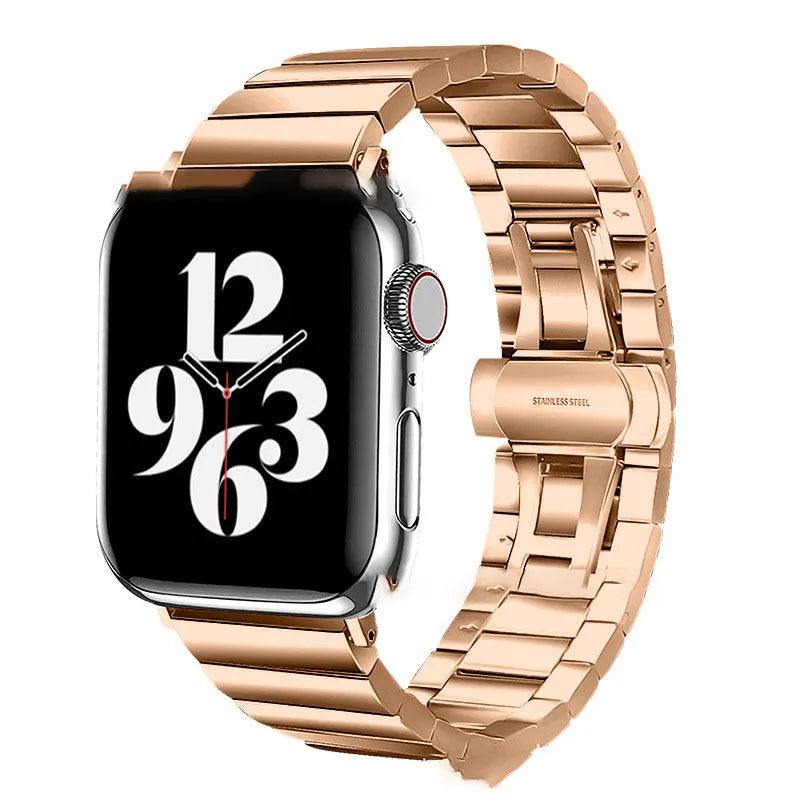Stainless steel watch band with bamboo bow buckle and butterfly button for iwatch, silver finish