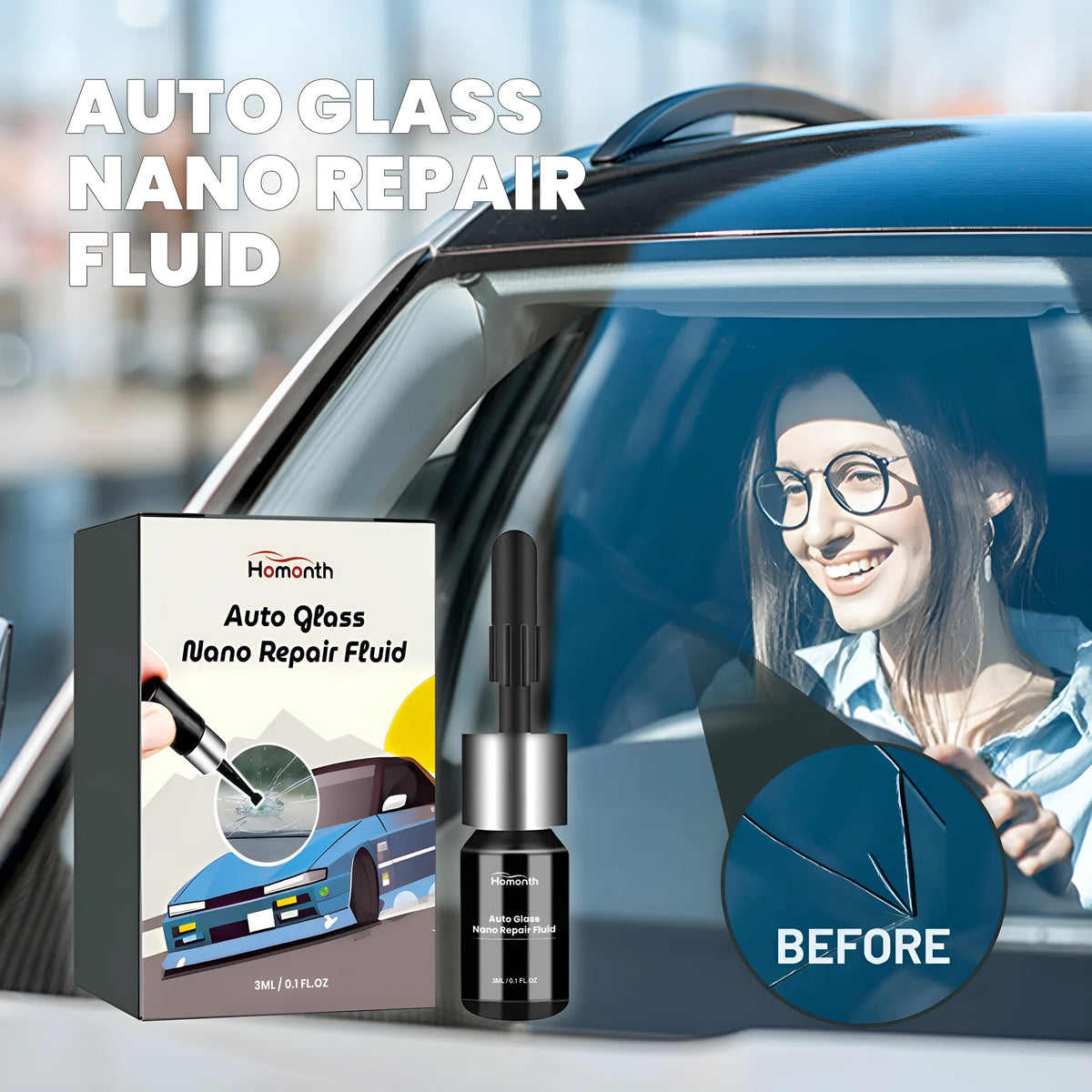 Glass nano repair liquid 3ml bottle with blade and five curing films for car windshield crack repair