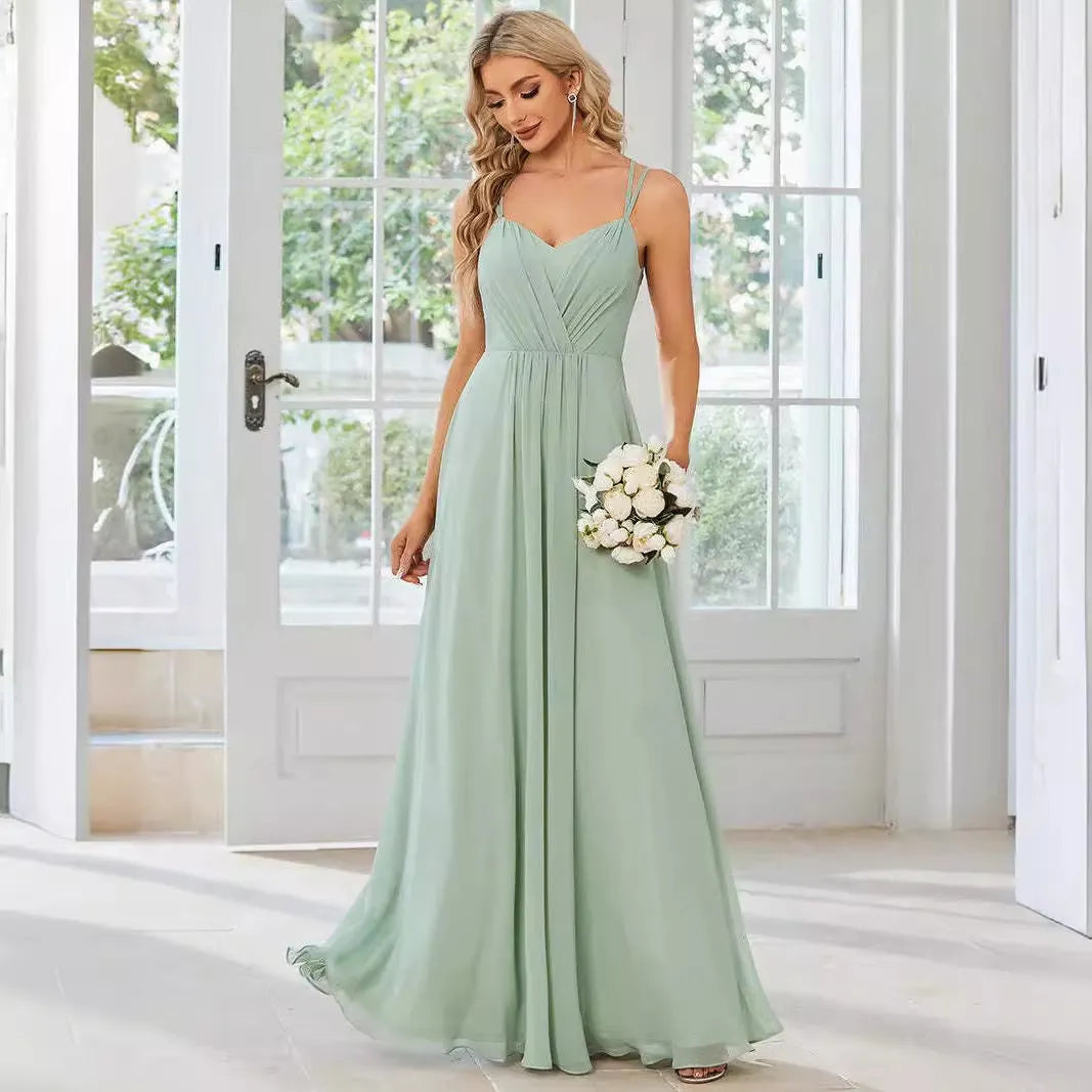 Women's long pleated A-line dress with sleeveless sling neckline in solid colours