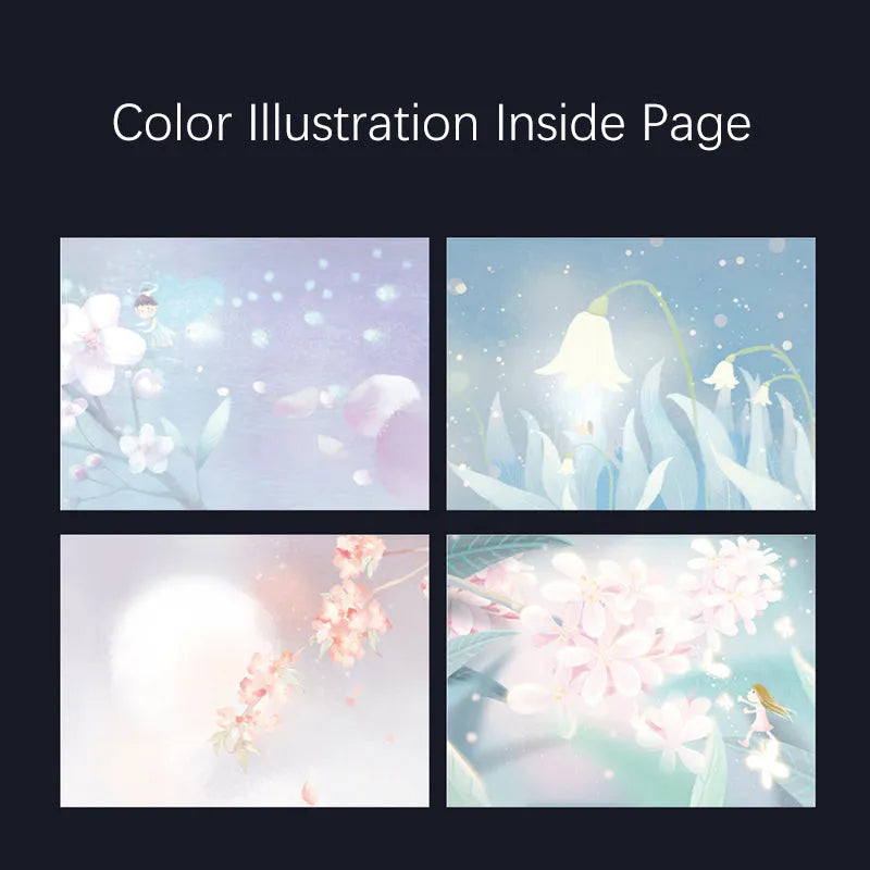 A5 notebook with luminous illustrated cover in blue, shown open on a desk.