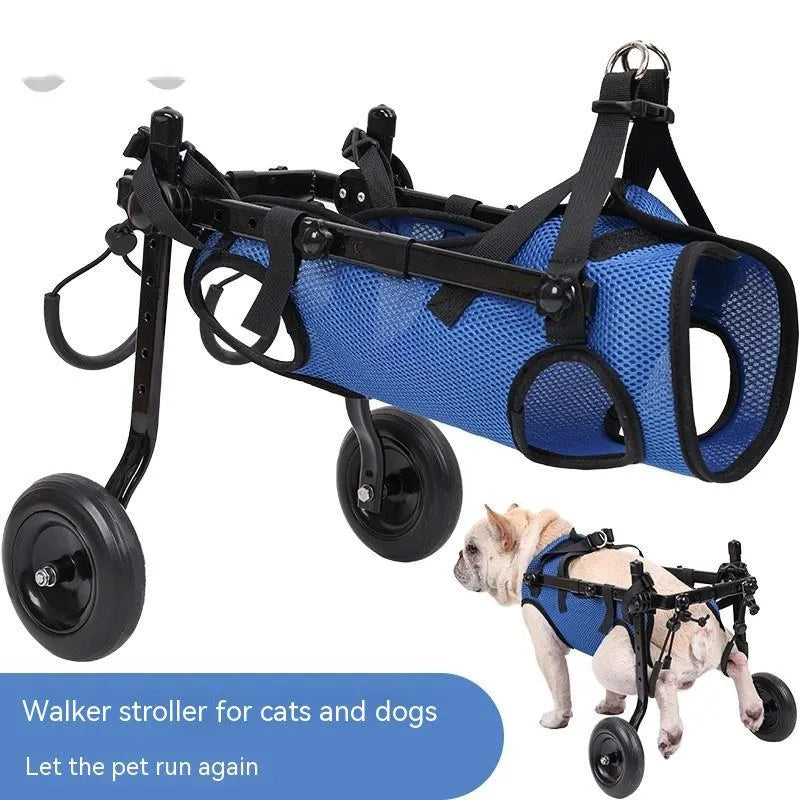 Blue dog wheelchair scooter made from aluminium alloy, PP, and polyester, available in sizes S, M, and XS.