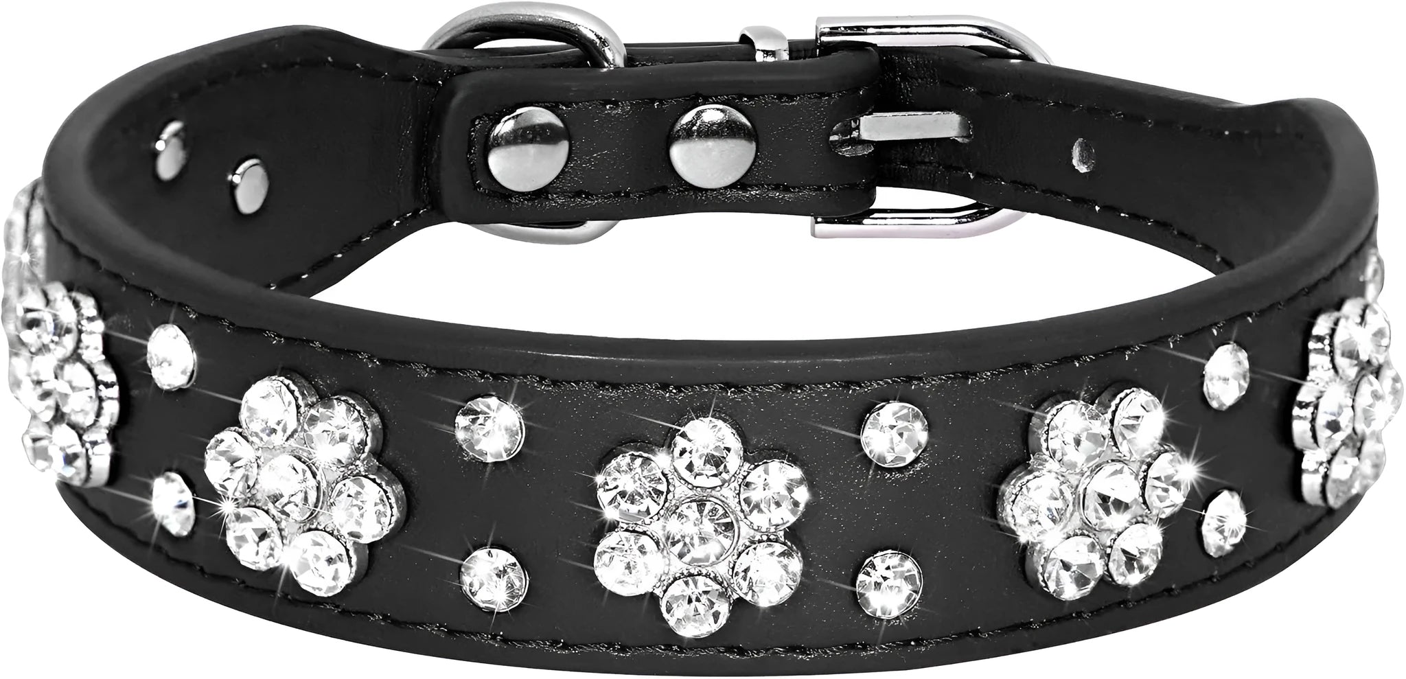 Black dog collar with shiny rhinestone flower pattern and metal D-ring on a soft PU leather strap.