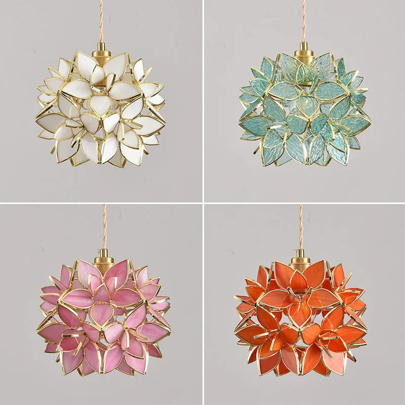 Stained glass hanging chandelier with copper fittings in blue, orange, pink, white or transparent colour options