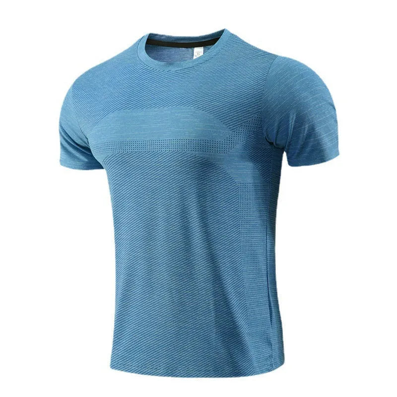 Men's short sleeve polyester spandex sports t-shirt for running and workouts on a mannequin