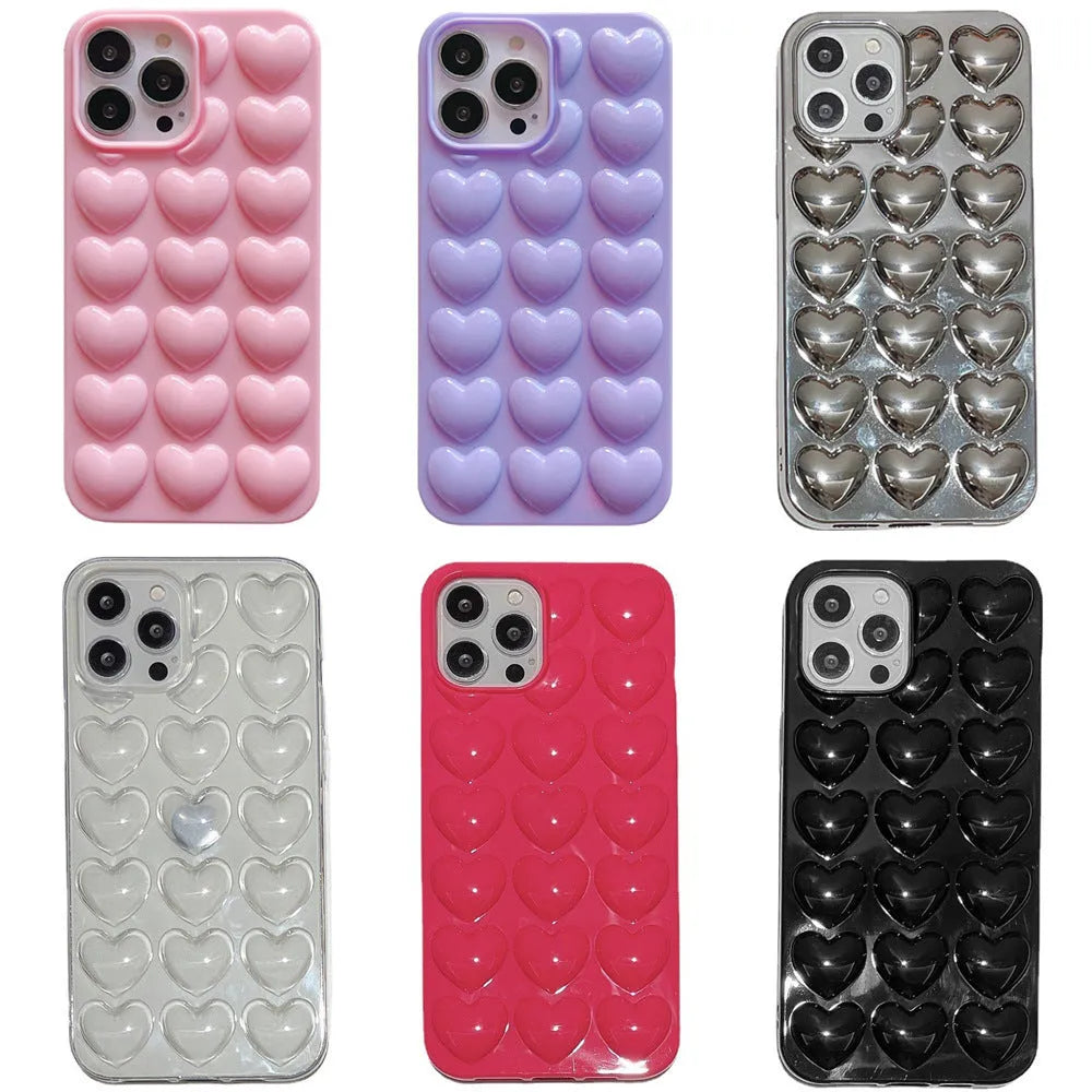 Solid colour TPU mobile phone case with raised 3D love pattern and drop protection for multiple iPhone models
