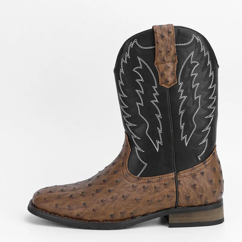 Men's black square toe motorcycle boots with a mid-calf shaft and low wedge heel.