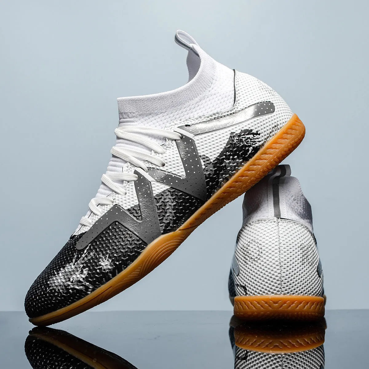Football flat youth men's shoes with gammon leather upper, Velcro closure, breathable mesh lining, white black colour