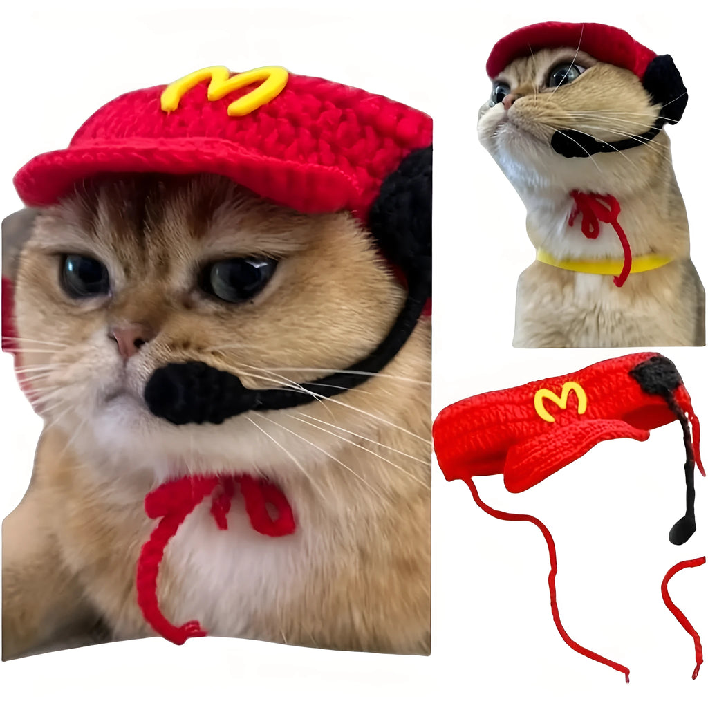 Handmade chef hat and cotton knitted sweater set for a cat or small dog birthday costume.