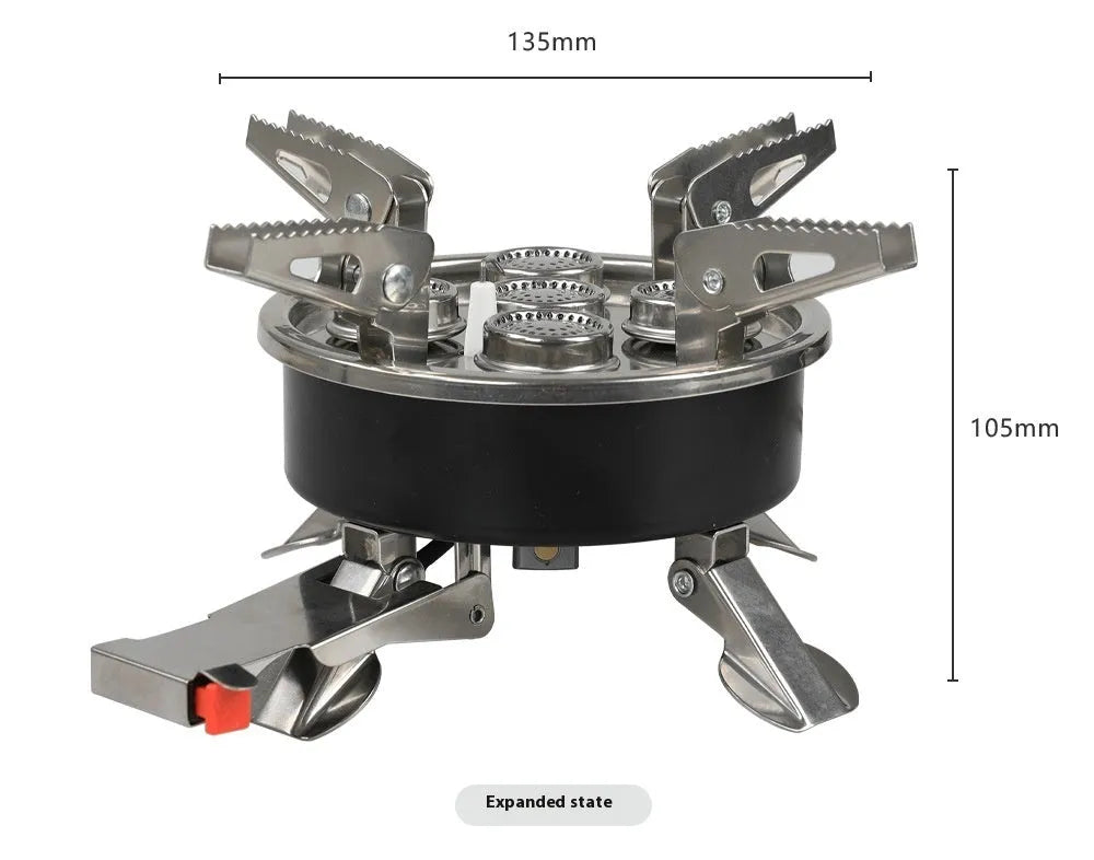 Silver portable split camping stove with fuel hose, shown folded, for outdoor picnic and backpacking.