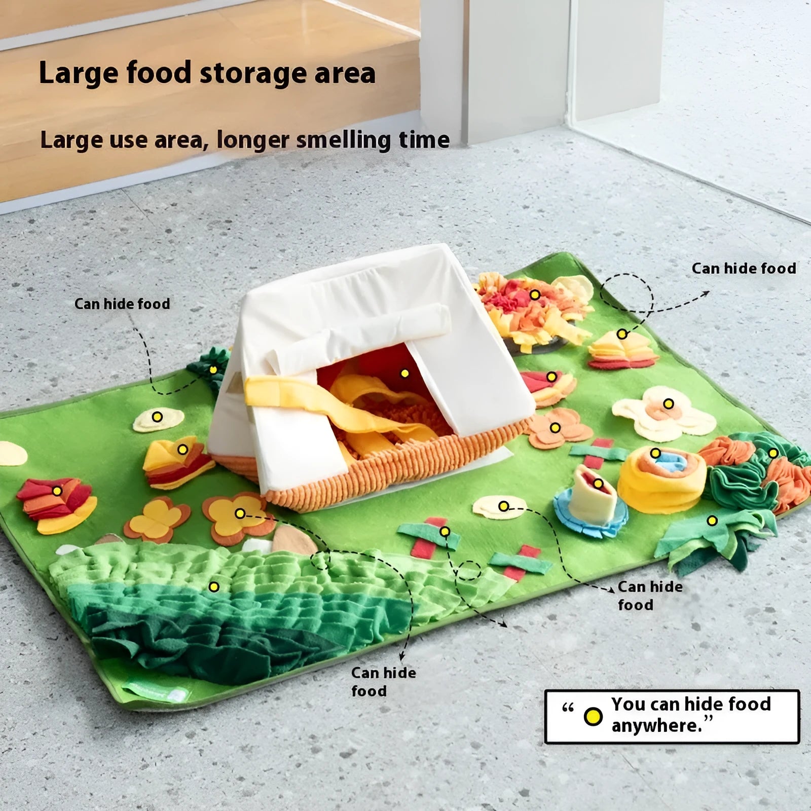 Fabric dog sniffing mat with textured surface for hiding treats in themed colour designs