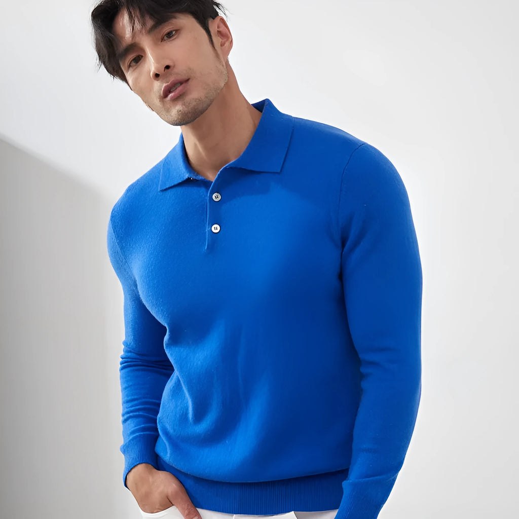 Men's loose fit cashmere pullover sweater with a polo collar in sapphire blue colour.