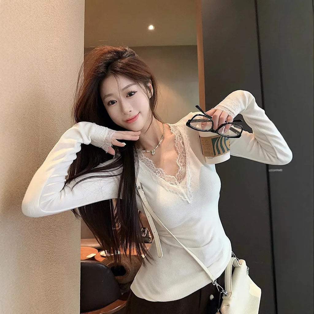 White V-neck long sleeve top with lace stitching and brushed finish, slim fit, sizes S-XL.